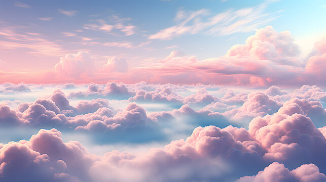Beautiful aerial view above clouds at sunset, Beautiful cloudscape with blue sky and pink clouds. 3d illustration. Generated AI