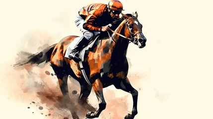 Foto op Canvas Horse racing . Digital illustration of thoroughbred horse and jockey. Generative AI © zaschnaus
