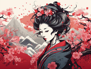 An Illustration of a Traditional Japanese Geisha, Layers Overlapping with Cherry Blossoms