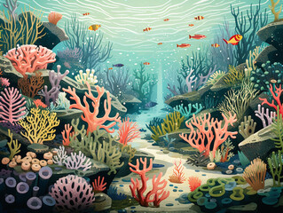 Fototapeta na wymiar An Illustration of Grainy Aquatic Life in a Bustling Coral Reef