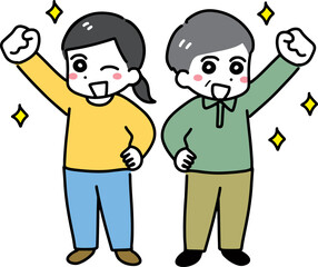 笑顔でガッツポーズする年代の違う大人の男女