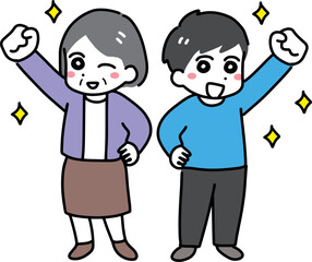 笑顔でガッツポーズする年代の違う大人の男女