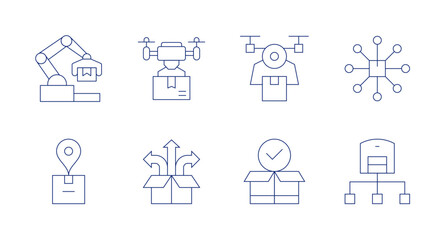 Logistics icons. Editable stroke. Containing robotic arm, drone, logistic, package, growth, box, hub.