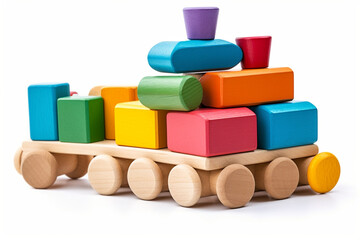 Colorful wooden Toys train, pyramid and colored cubes isolated on white background