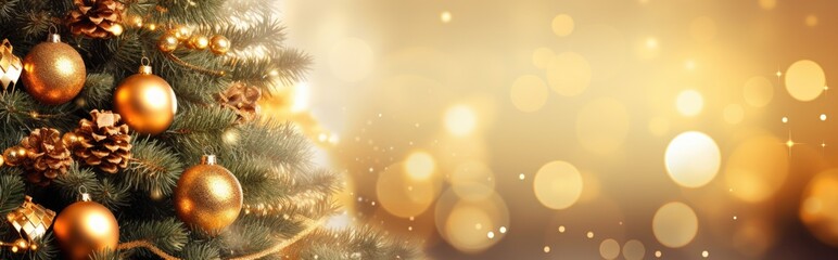 Fototapeta na wymiar Golden sparkle Christmas lights around a Christmas tree with gold baubles. Wide format banner. Background with atmosphere of celebration and magic.