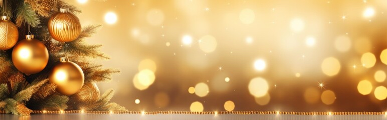Golden sparkle Christmas lights around a Christmas tree with gold baubles. Wide format banner. Background with atmosphere of celebration and magic.