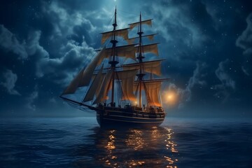 Fototapeta premium 夜の海に浮かぶ帆船