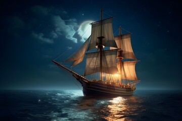 夜の海に浮かぶ帆船