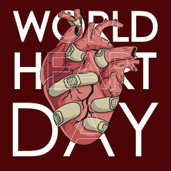 World Heart Day. concept illustration of broken heart leaking and patched with wound plaster