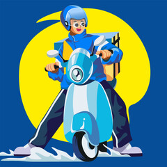 package delivery man cartoon illustration. ride a scooter