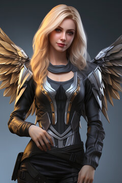 Beautiful blonde woman in a gold armor with wings on a silver background