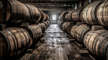 Whiskey, bourbon, scotch barrels in an aging facility. Hand edited. Generative AI