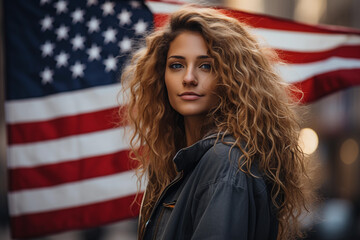 Fototapeta na wymiar Portrait of a beautiful young woman with American flag background