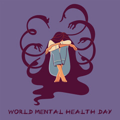 world mental health day. illustration of a woman sitting pensively with a depressed expression shrouded in a negative aura around her
