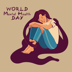 world mental health day. illustration of a woman sitting with a depressed expression enveloped in a negative aura around her