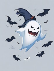 A flattened illustration of a cartoon ghost with a wide grin, wearing a Halloween hat, and surrounded by outlined bats flying around, set against a white background with a modern vector graphic style.