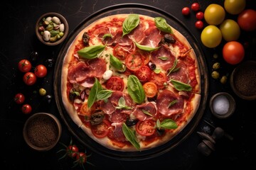 Top down close up of a fresh pizza ready to be delivered from a restaurant