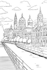 France Lyon cityscape black and white coloring page for adults. European city buildings, attractions, street, landmarks vector outline doodle sketch for anti stress color book