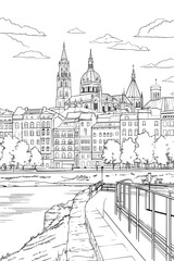 Naklejka premium France Lyon cityscape black and white coloring page for adults. European city buildings, attractions, street, landmarks vector outline doodle sketch for anti stress color book