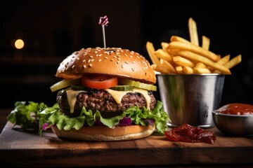 Fresh and tasty burger served in a restaurant with french fries