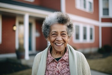Portrait of a senior african american woman standing outside of her nursing home and looking at the camera