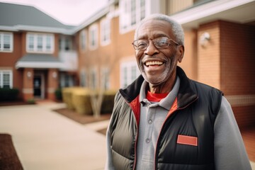Portrait of a senior african american man standing outside of his nursing home and looking at the camera - Powered by Adobe
