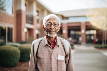 Portrait of a senior african american man standing outside of his nursing home and looking at the camera