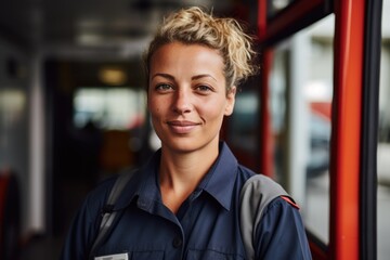 Smiling portrait of a young female caucasian bus driver working in the city driving buses - obrazy, fototapety, plakaty