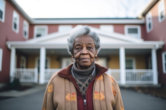 Portrait Of A Senior African American Woman Standing Outside Of Her Nursing Home And Looking At The Camera