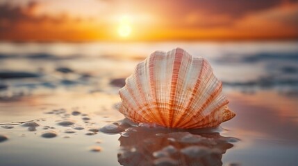 Delicate seashell on sandy beach at sunset, golden hues reflected
