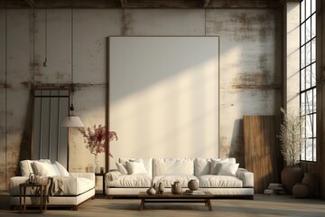 A sizable mockup frame standing behind a sofa, set against a concrete wall, providing a backdrop that complements the contemporary atmosphere. Photorealistic illustration, Generative AI - obrazy, fototapety, plakaty