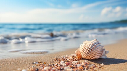 Fototapeta na wymiar Lone seashell resting on sandy beach 