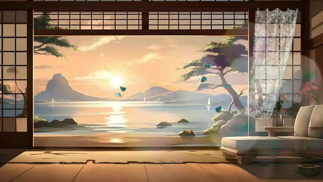 Beachside calm atmosphere, Japanese Style. Seamless Looping Video Animated Background. 4K High Resolution. Generative AI