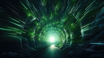 A 3D render of a hyperspace tunnel, framed with the silhouette of a forest, merging the realms of advanced technology and natural beauty into a cohesive visual experience.