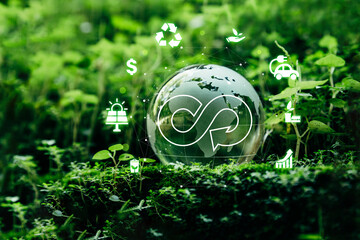 Crystal globe putting on moss with circular economy icon, Circulating in an endless cycle, Business...