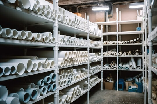 In the construction supply shop, plumbing pipes, PVC pipes, and water pipes are arranged on the shelves. Generative AI