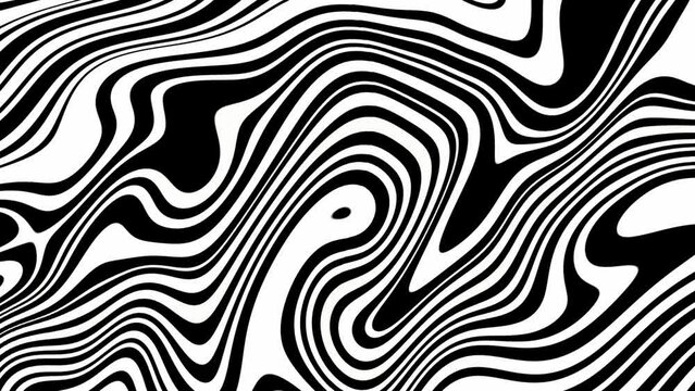 Black and white psychedelic, hypnotic optical illusion liquid lines, retro poster, wavy, flat, abstract, cartoon looping background. 