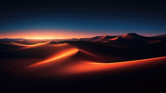 An undulating streak of bright orange and midnight blue paints the sky, evoking the beautiful contrast of a setting sun meeting the vastness of the night, symbolizing the eternal dance