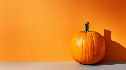 A vibrant orange pumpkin on a matching orange background, capturing the essence of fall. Ideal for a monochrome-themed banner or advertisement