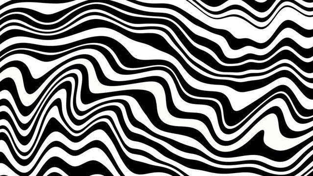 Black and white psychedelic, hypnotic optical illusion waves, retro poster,  flat, abstract, cartoon looping background.