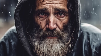 Homeless poor man crying portrait closeup. Economic recession.