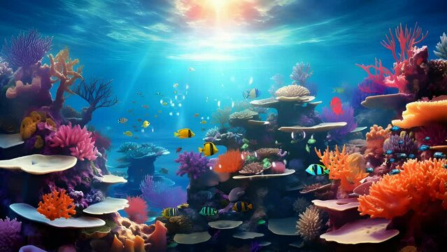 Enchanting Underwater Oasis, A Futuristic Coral Reef Symphony. Seamless looping 4K time-lapse virtual video animation background. Generative AI