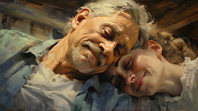 An elderly couple lying in bed, their faces aglow with love and contentment after decades of marriage. The image encapsulates the enduring power of love and commitment. Generative AI.