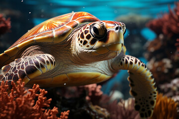 Naklejka na ściany i meble Tartaruga marinha nadando perto dos corais - Papel de parede