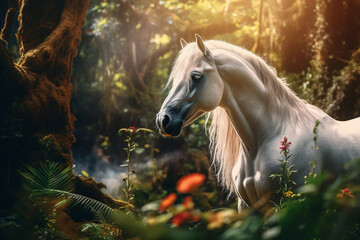Cavalo branco na floresta tropical - Papel de parede - obrazy, fototapety, plakaty