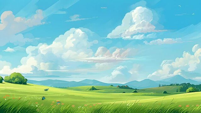 Summer fields, hills landscape, green grass, blue sky with clouds, Seamless looping 4K time-lapse virtual video animation background.