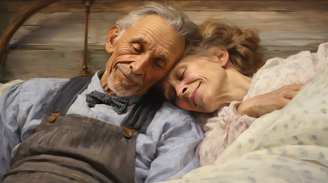 An elderly couple lying in bed, their faces aglow with love and contentment after decades of marriage. The image encapsulates the enduring power of love and commitment. Generative AI.