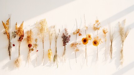 Obraz na płótnie Canvas An image of dried flowers hanging on a white wall with the sun shining on them.