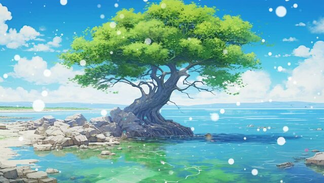 A large old tree on the beach side with a natural green color against a blue sky background. seamless looping backgrounds.
