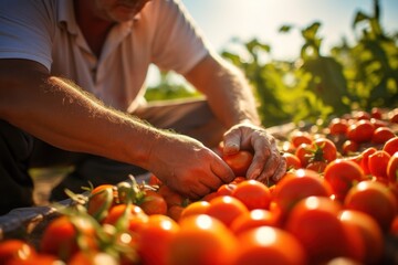 Farmers harvest tomatoes in a tomato plantation garden.